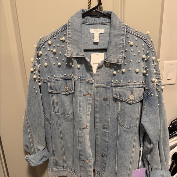 Forever 21 Jackets & Blazers - Forever 21 Light Wash Denim Jacket with Pearl Accents